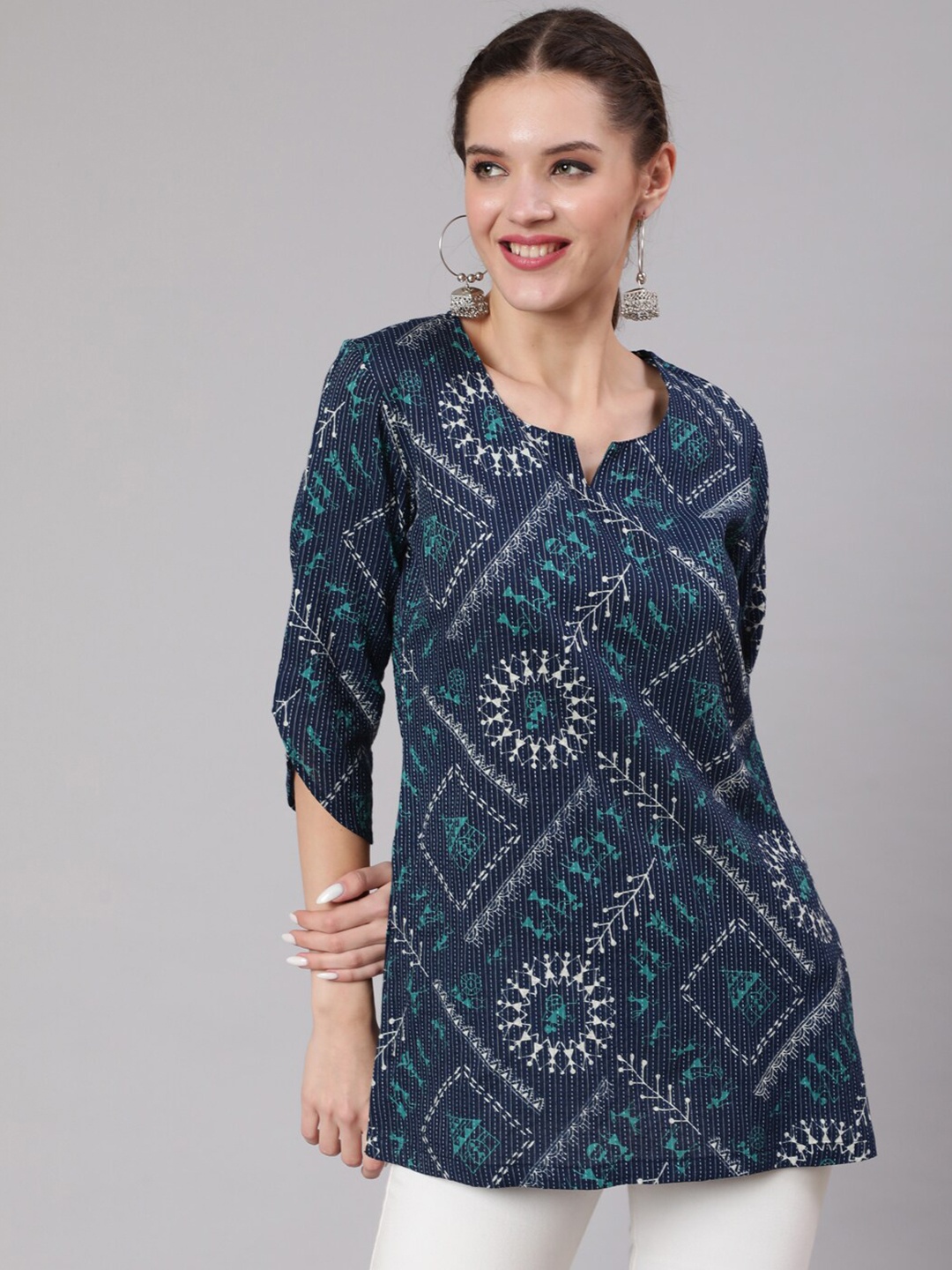 

AKIMIA Tribal Printed Pure Cotton Pleated Kurti, Navy blue