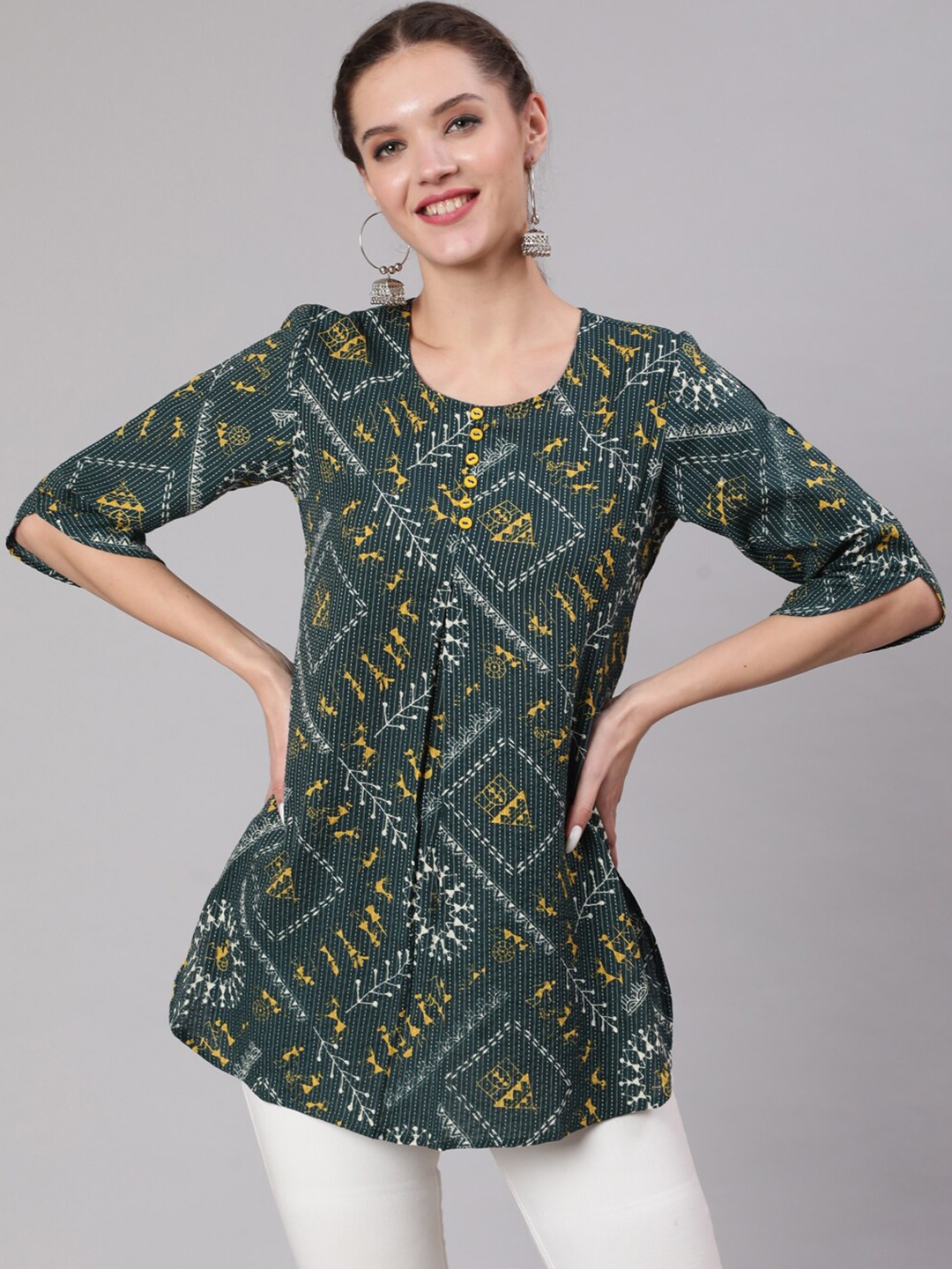 

AKIMIA Tribal Printed Pure Cotton Pleated Kurti, Green