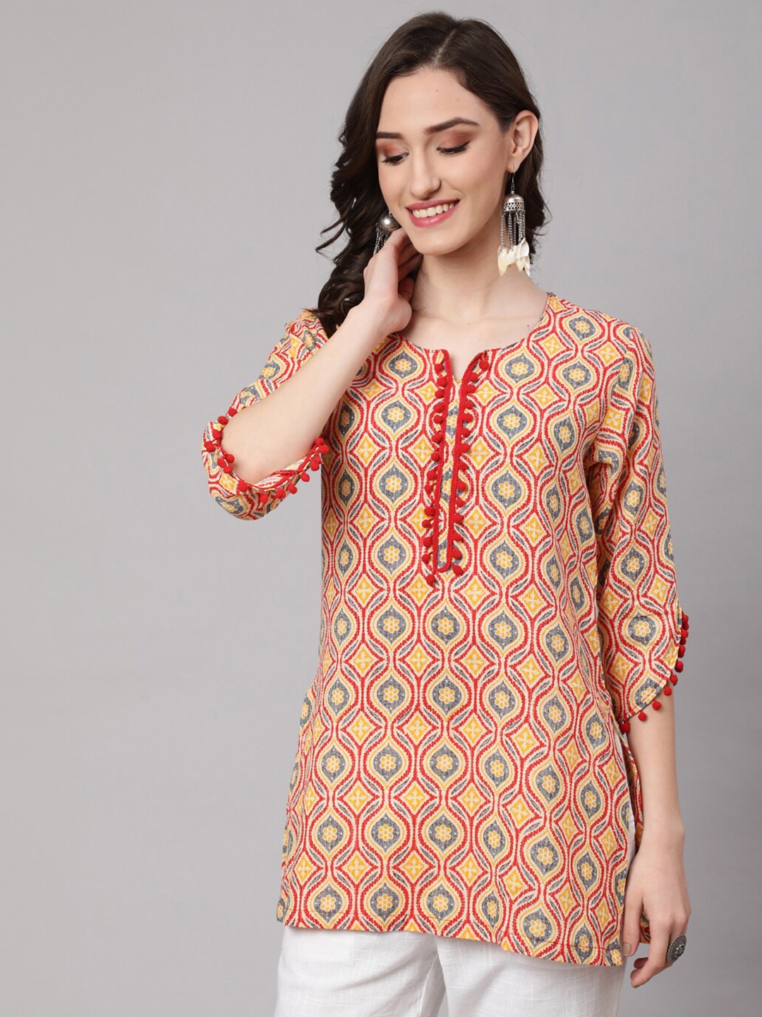 

AKIMIA Geometric Printed Pure Cotton Kurti, Orange