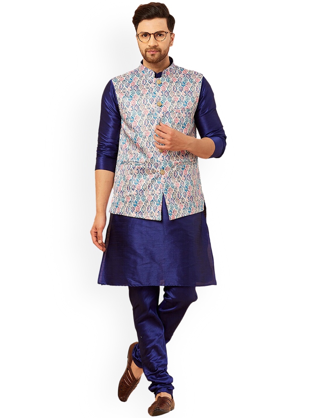 

Armaan Ethnic Men Mandarin Collar Kurta with Churidar & Nehru Jacket, Navy blue