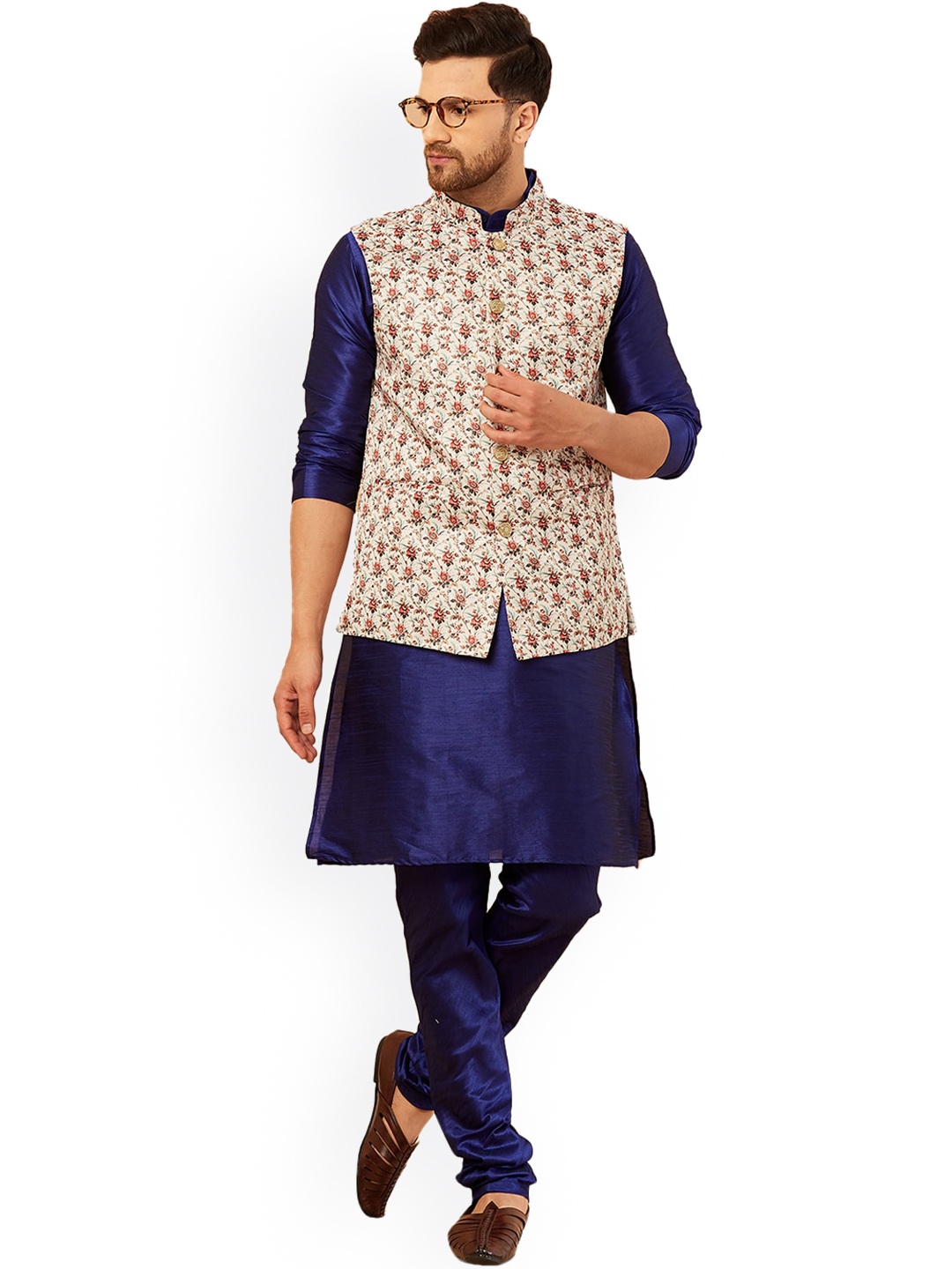 

Armaan Ethnic Men Mandarin Collar Kurta with Churidar & Nehru Jacket, Navy blue