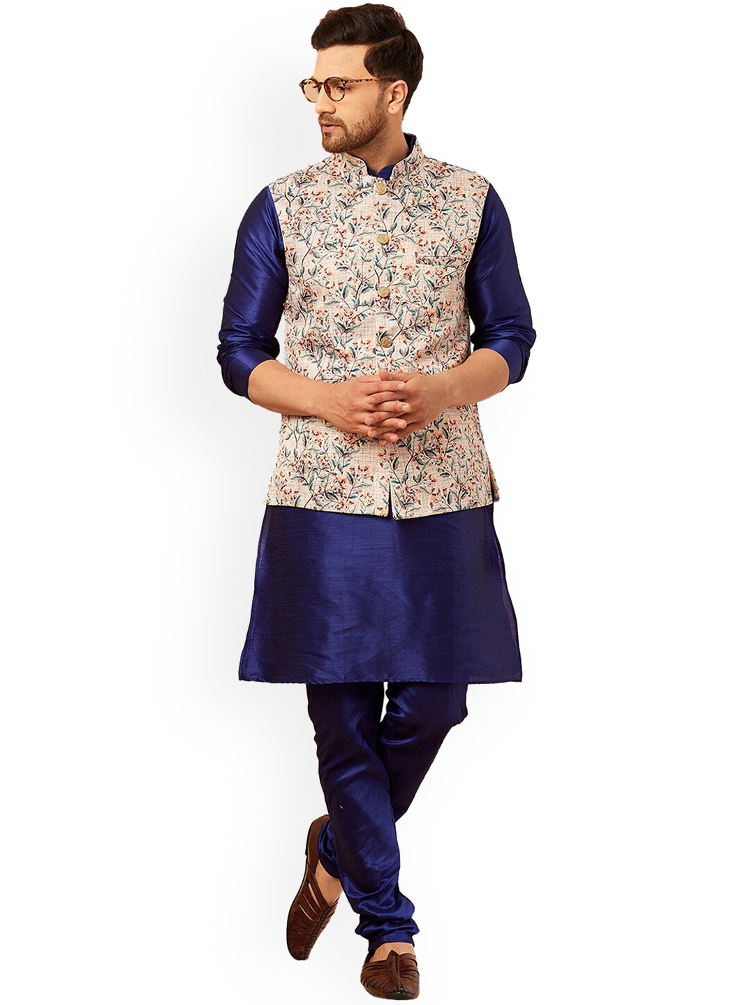 

Armaan Ethnic Men Mandarin Collar Kurta with Churidar & Nehru Jacket, Navy blue