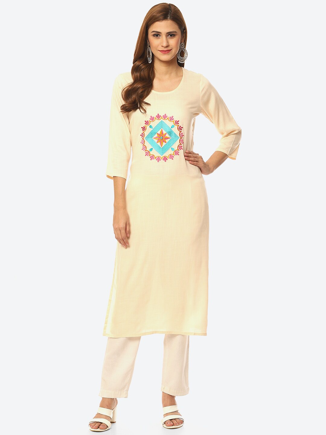 

Kurti's by Menka Women Floral Embroidered Thread Work Kurta, Cream