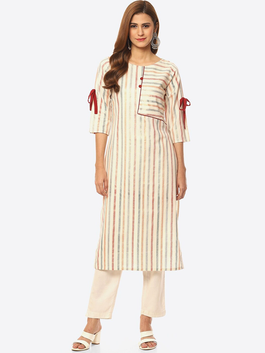 

Kurti's by Menka Women Striped Cotton Kurta, White