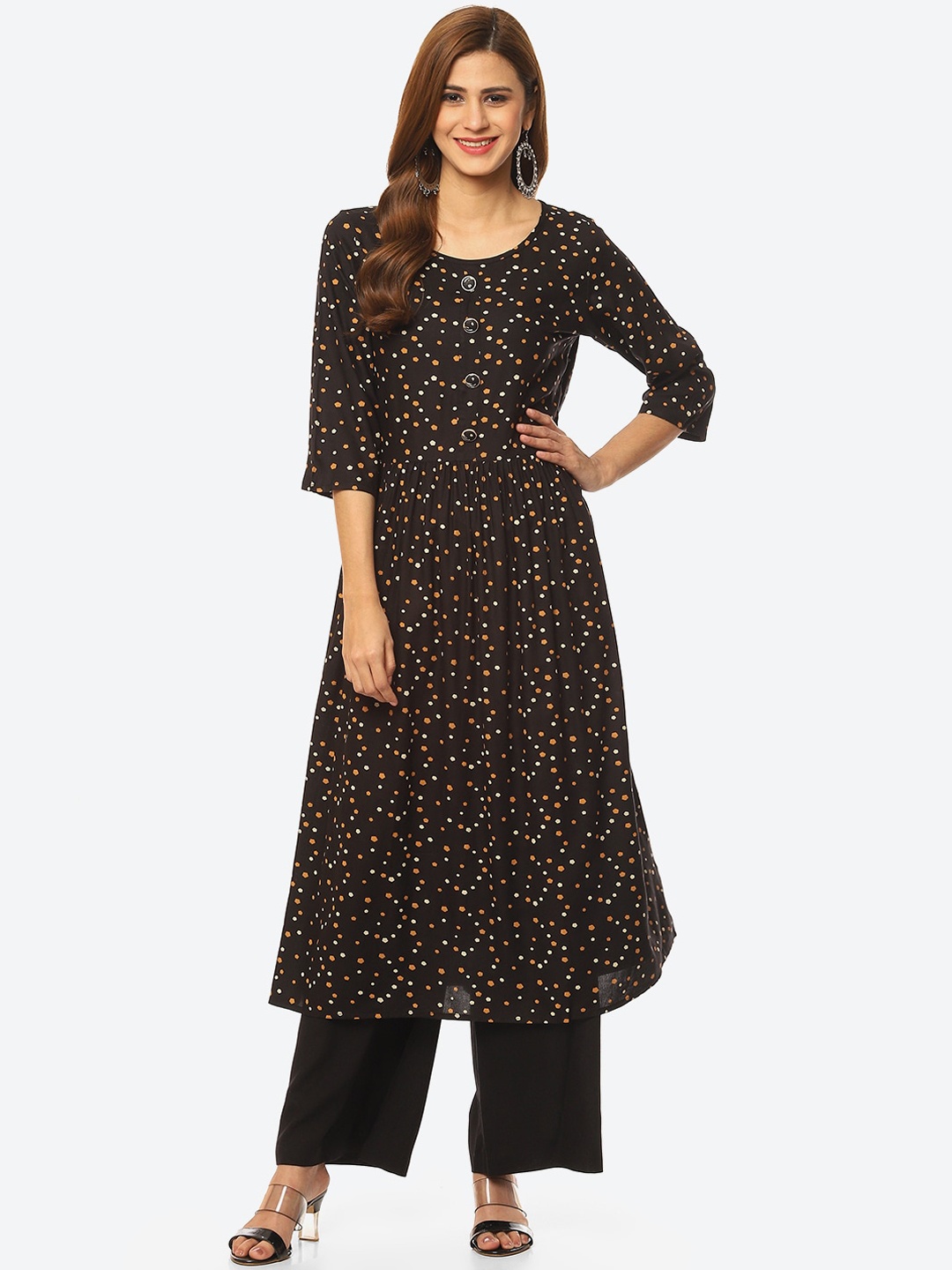

Kurti's by Menka Women Geometric Printed Anarkali Kurta, Black
