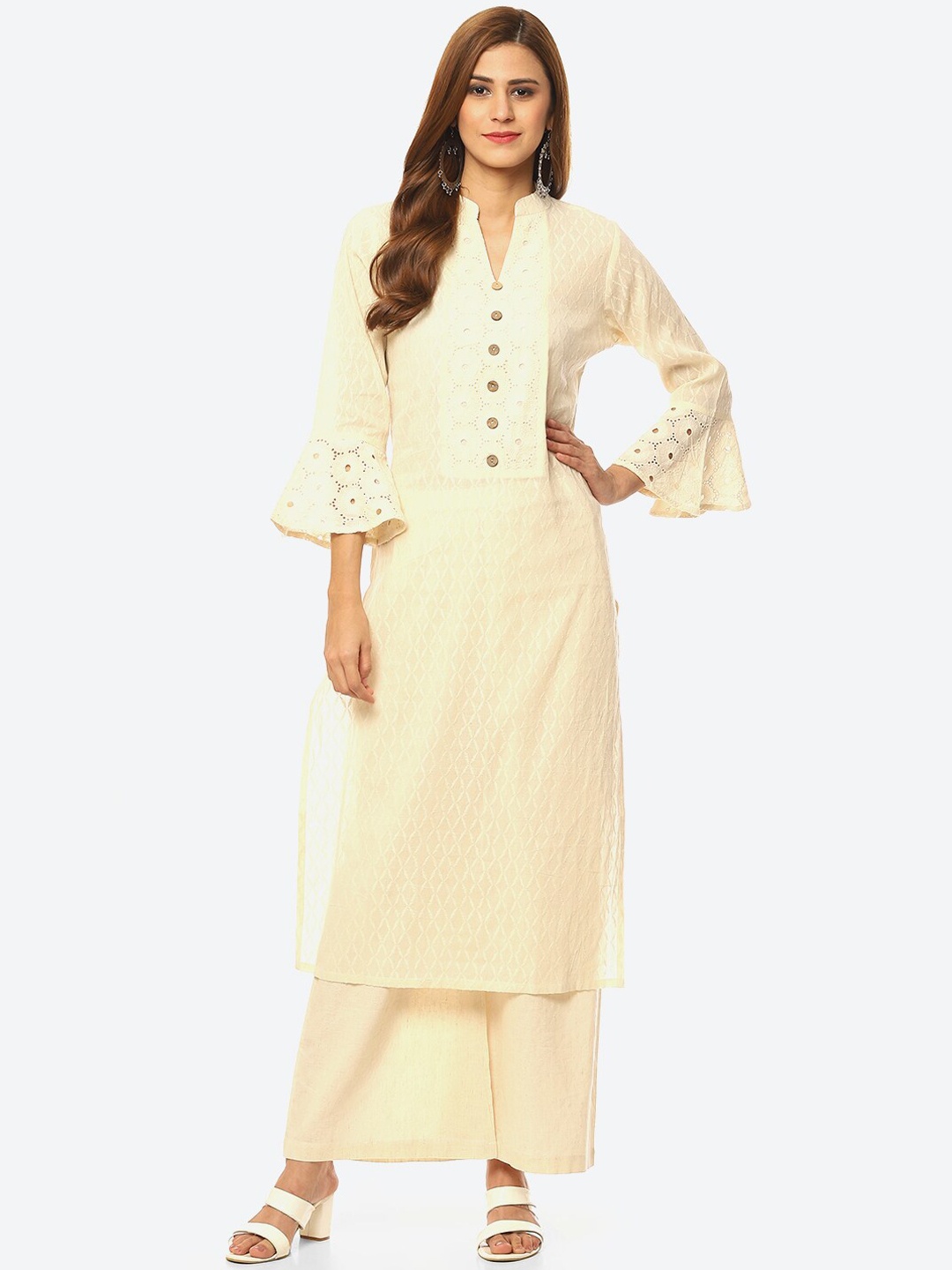 

Kurti's by Menka Women Ethnic Motifs Embroidered Bell Sleeves Thread Work Kurta, Off white