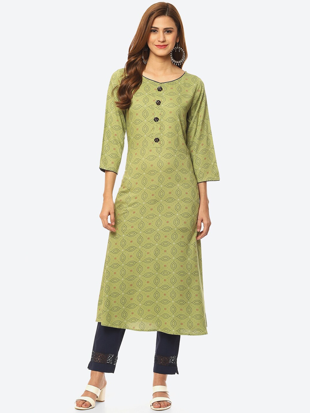 

Kurti's by Menka Women Geometric Printed Kurta, Olive