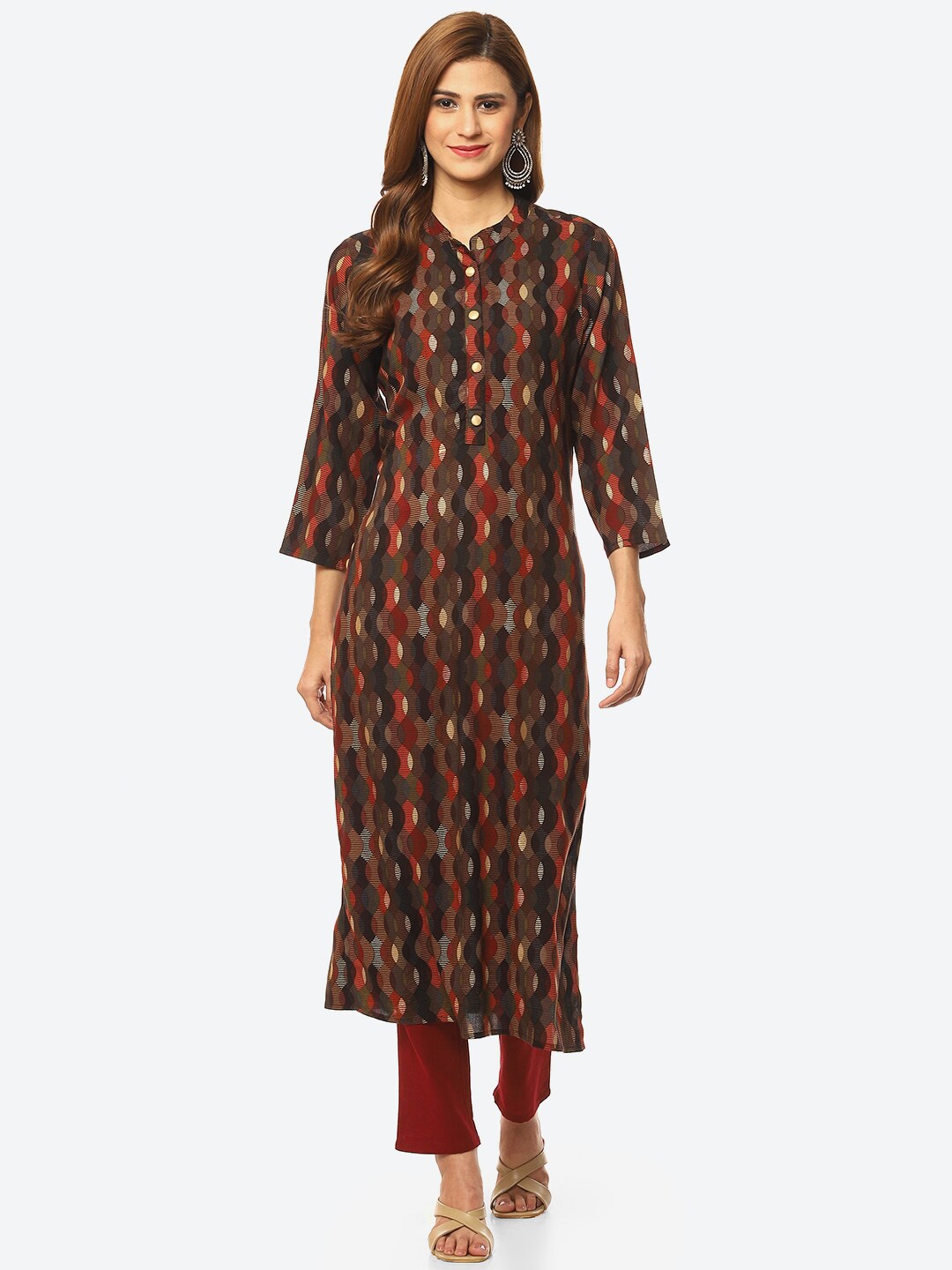 

Kurti's by Menka Printed Flared Sleeves Kurta, Brown