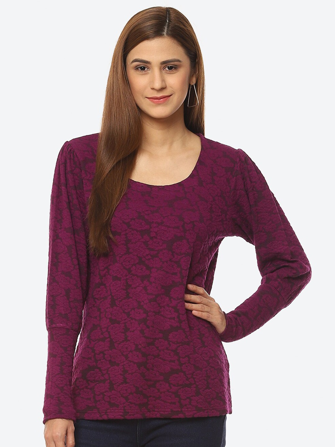 

Kurti's by Menka Self Design Floral Top, Burgundy