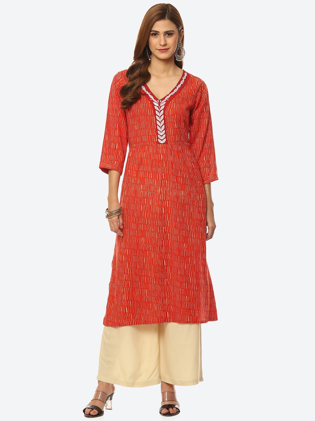 

Kurti's by Menka Printed Empire Thread Work Raw Silk Kurta with Palazzos, Orange