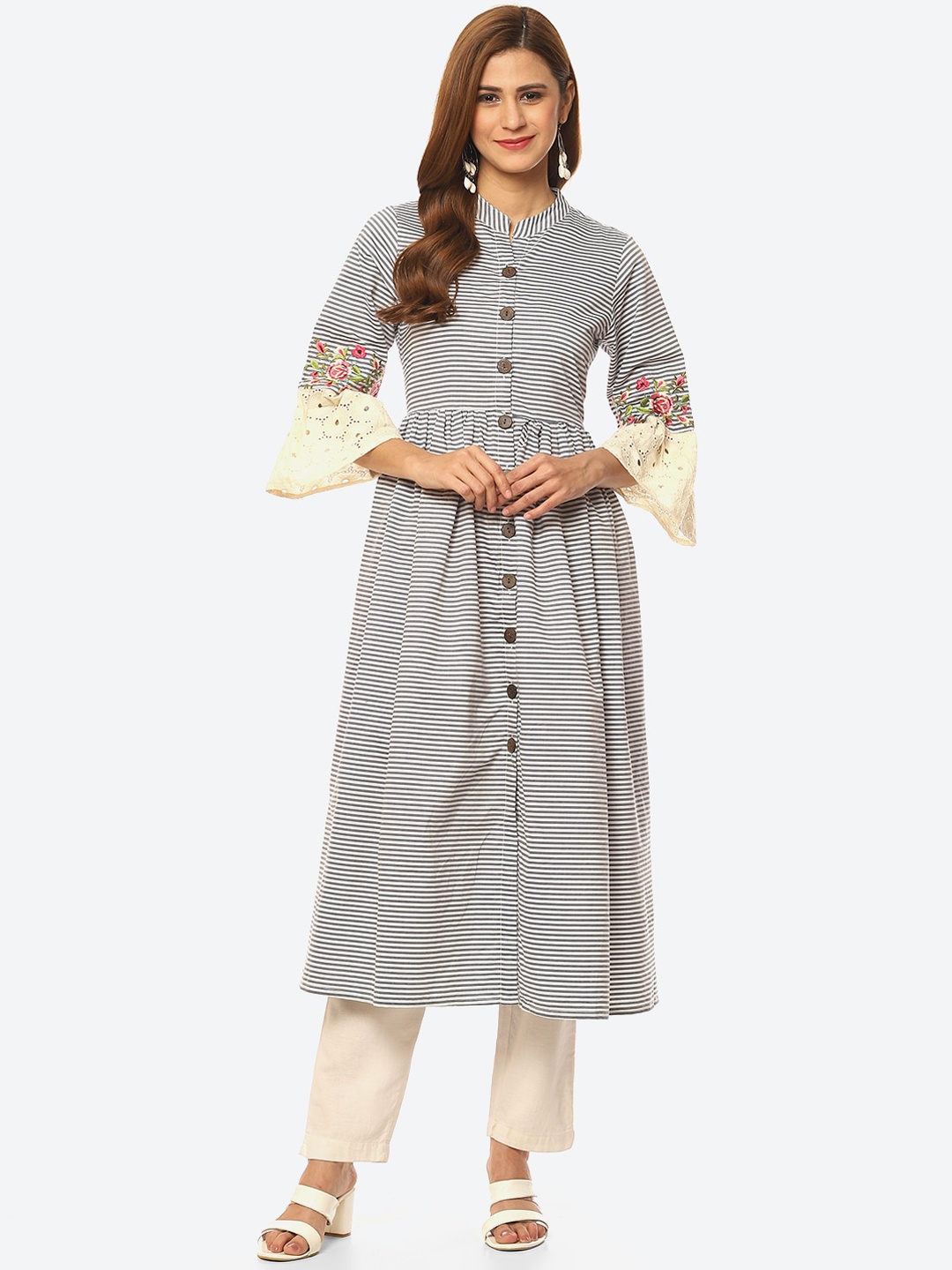 

Kurti's by Menka Women Striped Bell Sleeves Cotton Kurta, Grey