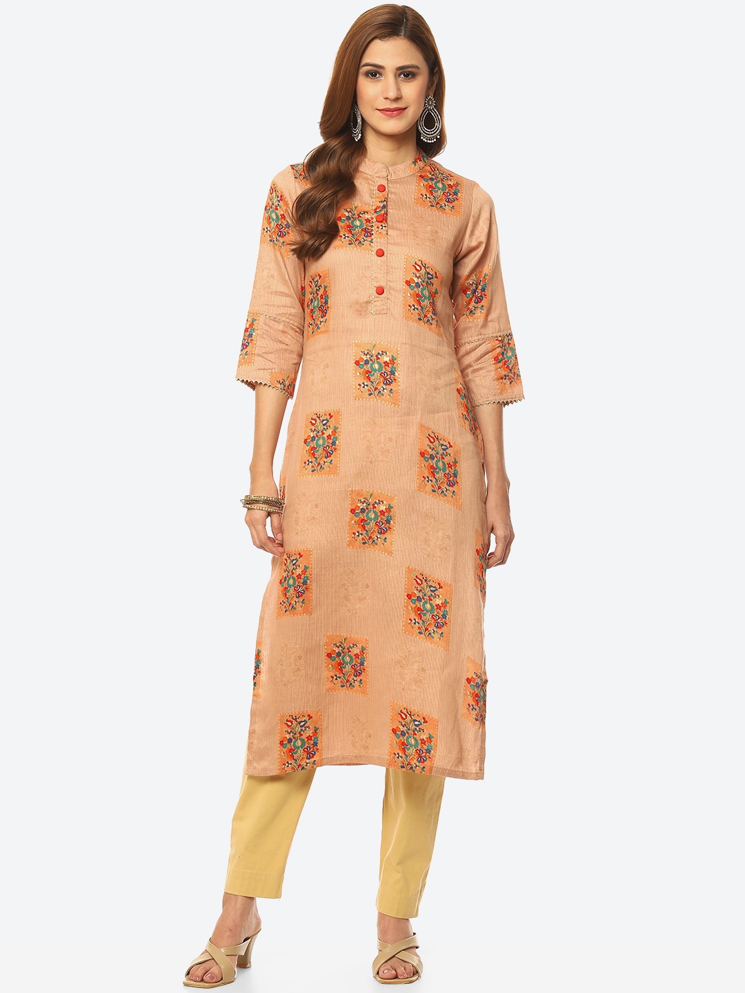 

Kurti's by Menka Women Floral Mandarin Collar Printed Kurta, Orange