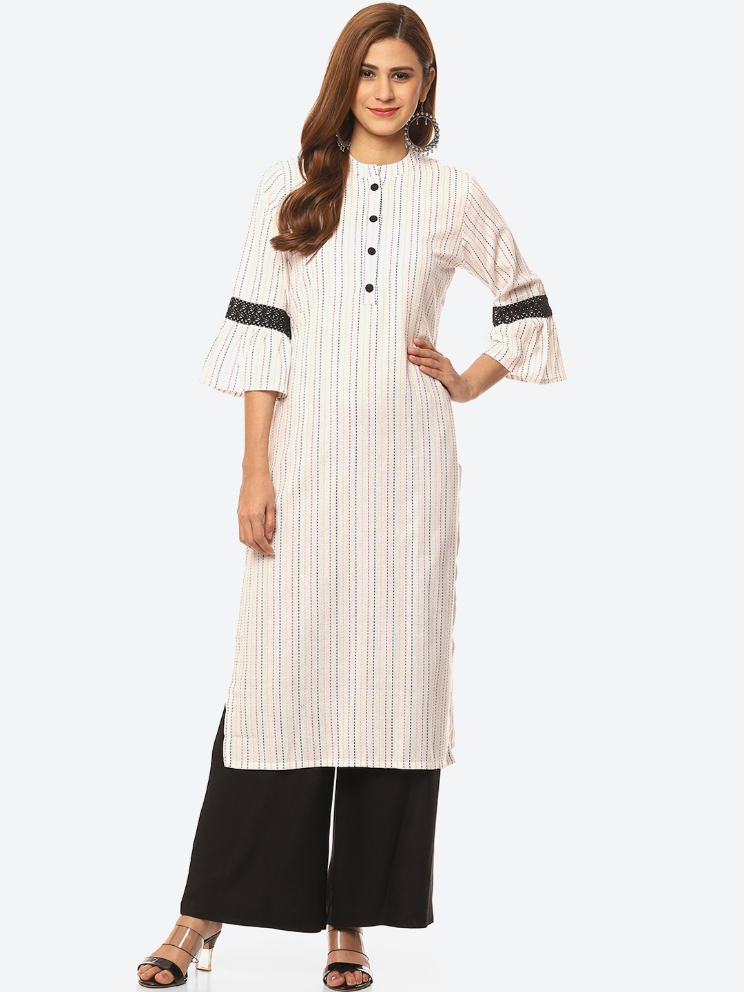 

Kurti's by Menka Striped Flared Sleeves Thread Work Kurta, White