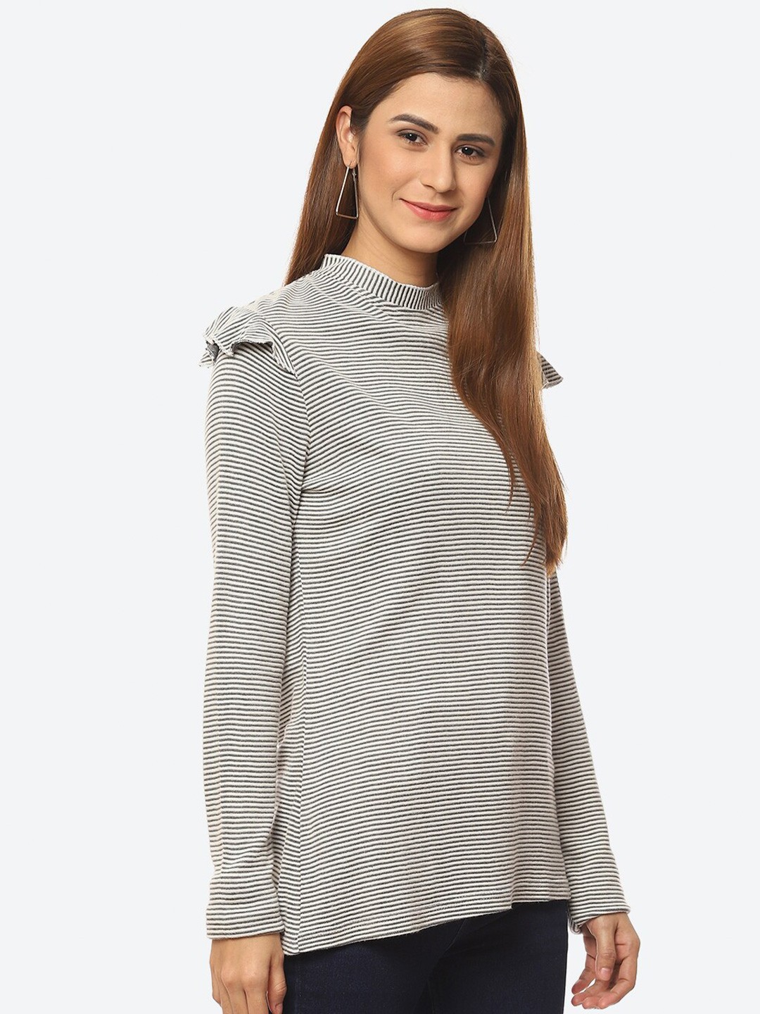 

Kurti's by Menka Striped High Neck Regular Top, Off white