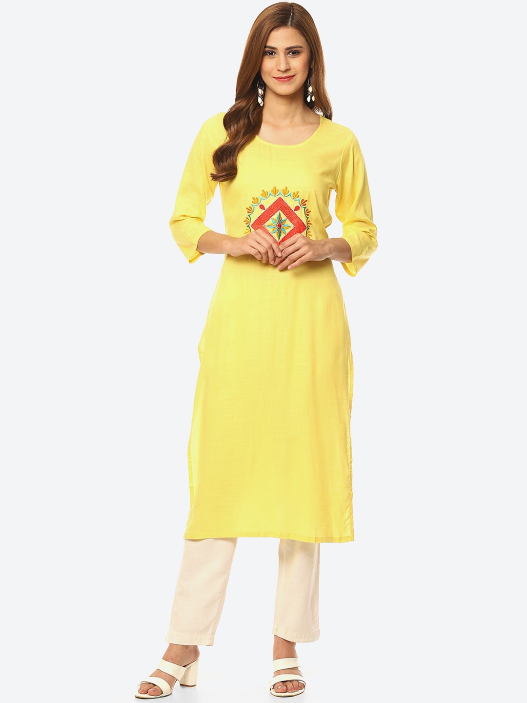 

Kurti's by Menka Women Ethnic Motifs Embroidered Thread Work Kurta, Yellow