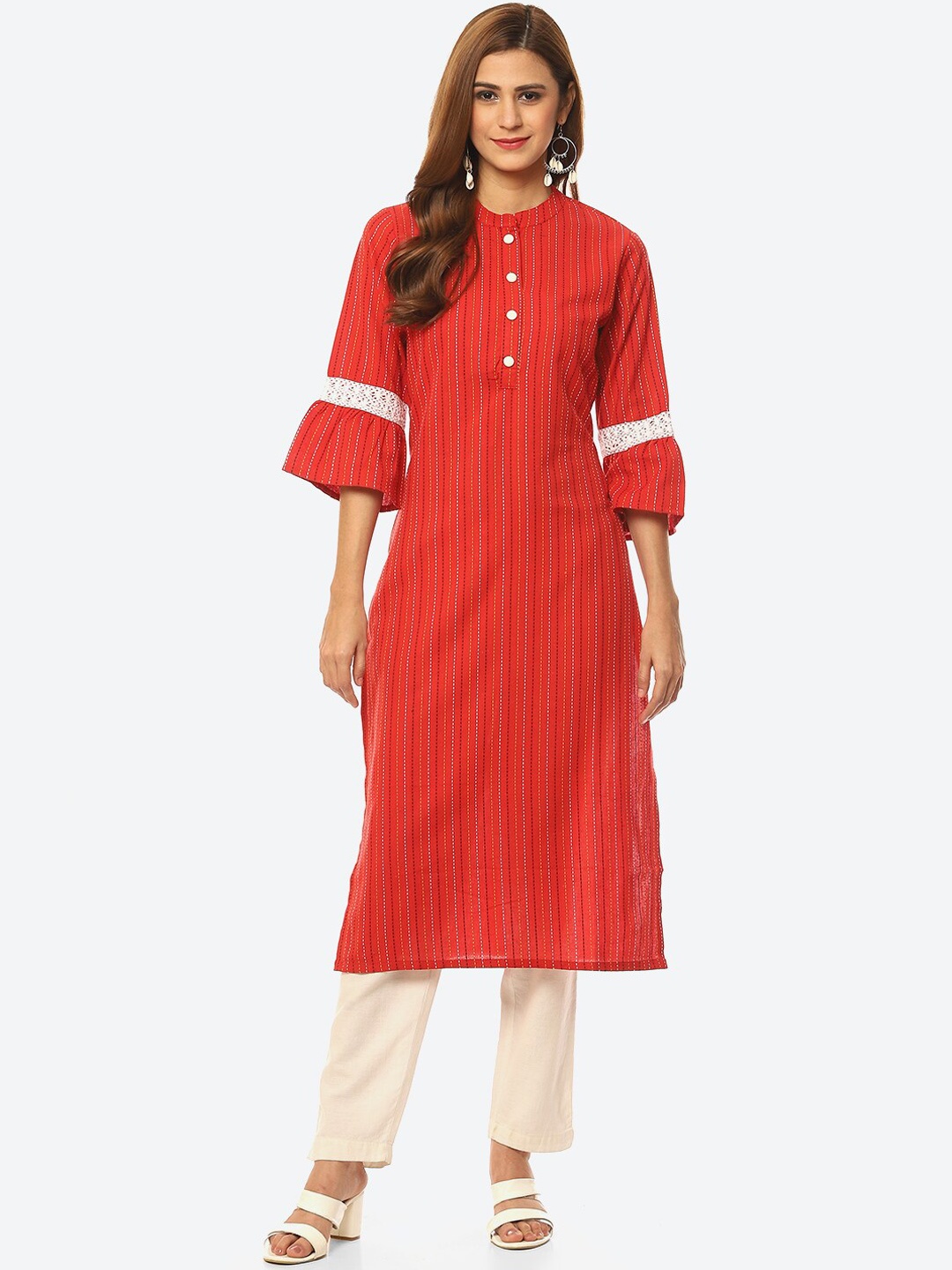 

Kurti's by Menka Women Red Striped Anarkali Kurta