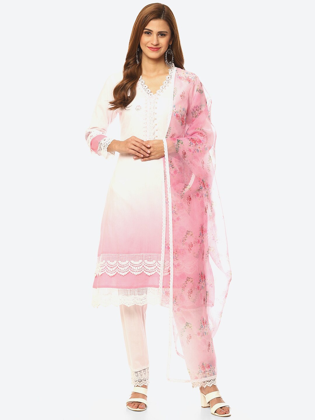 

Kurti's by Menka Ombre Dyed Beads and Stones Pure Cotton Kurta Set, Pink