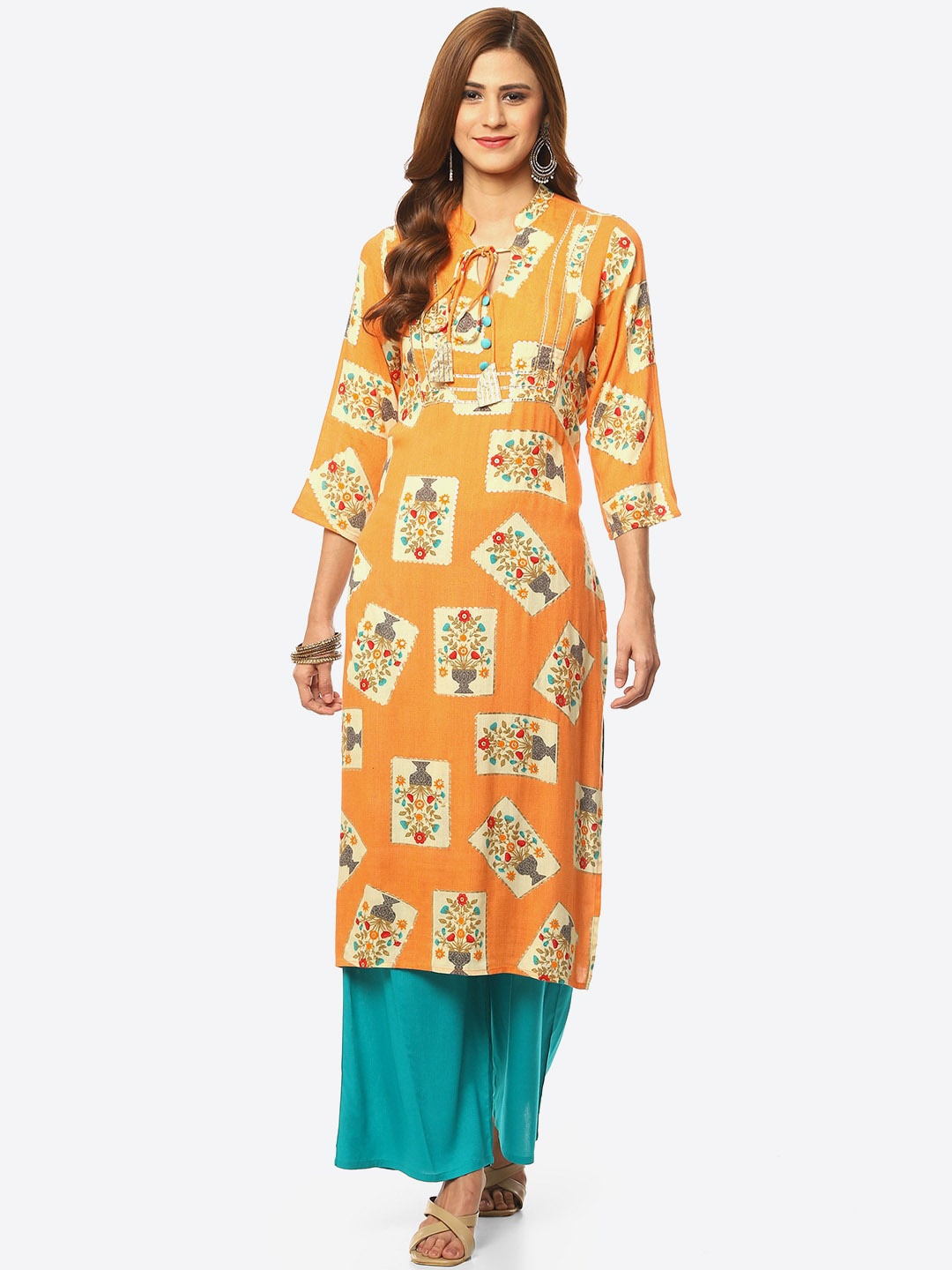 

Kurti's by Menka Women Floral Printed Kurta with Palazzos, Orange