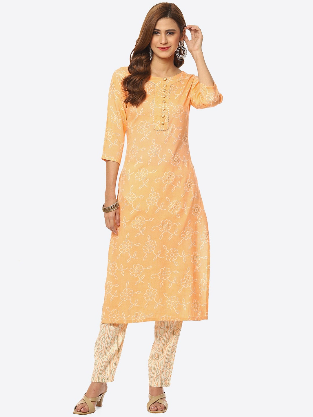 

Kurti's by Menka Women Bandhani Printed Pure Cotton Kurta with Pyjamas, Orange
