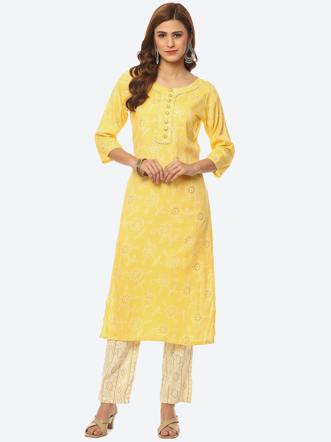 

Kurti's by Menka Women Bandhani Printed Pure Cotton Kurta with Trousers, Yellow