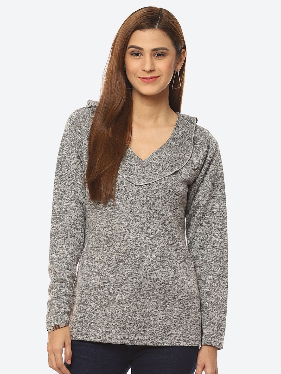 

Kurti's by Menka Ruffled Detailed Long Sleeves Regular Top, Grey