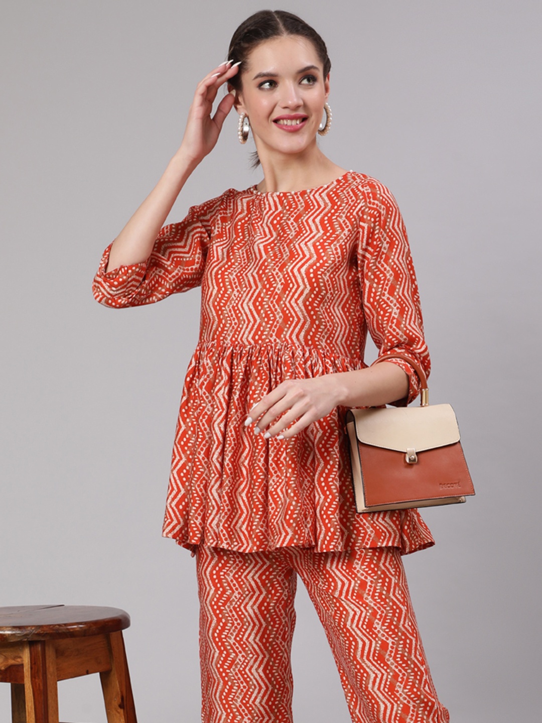 

Jaipur Kurti Women Printed Peplum Co-Ords Set, Orange