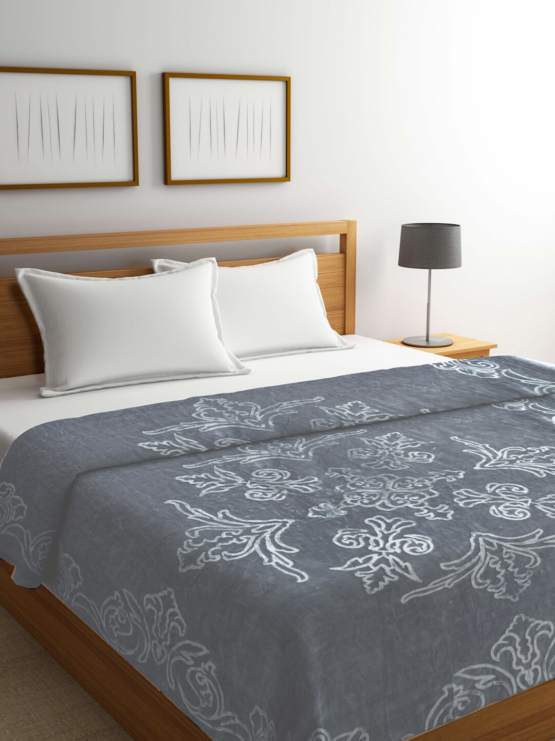 

KLOTTHE Grey Floral-Printed 1000GSM Woolen Double Bed Blanket