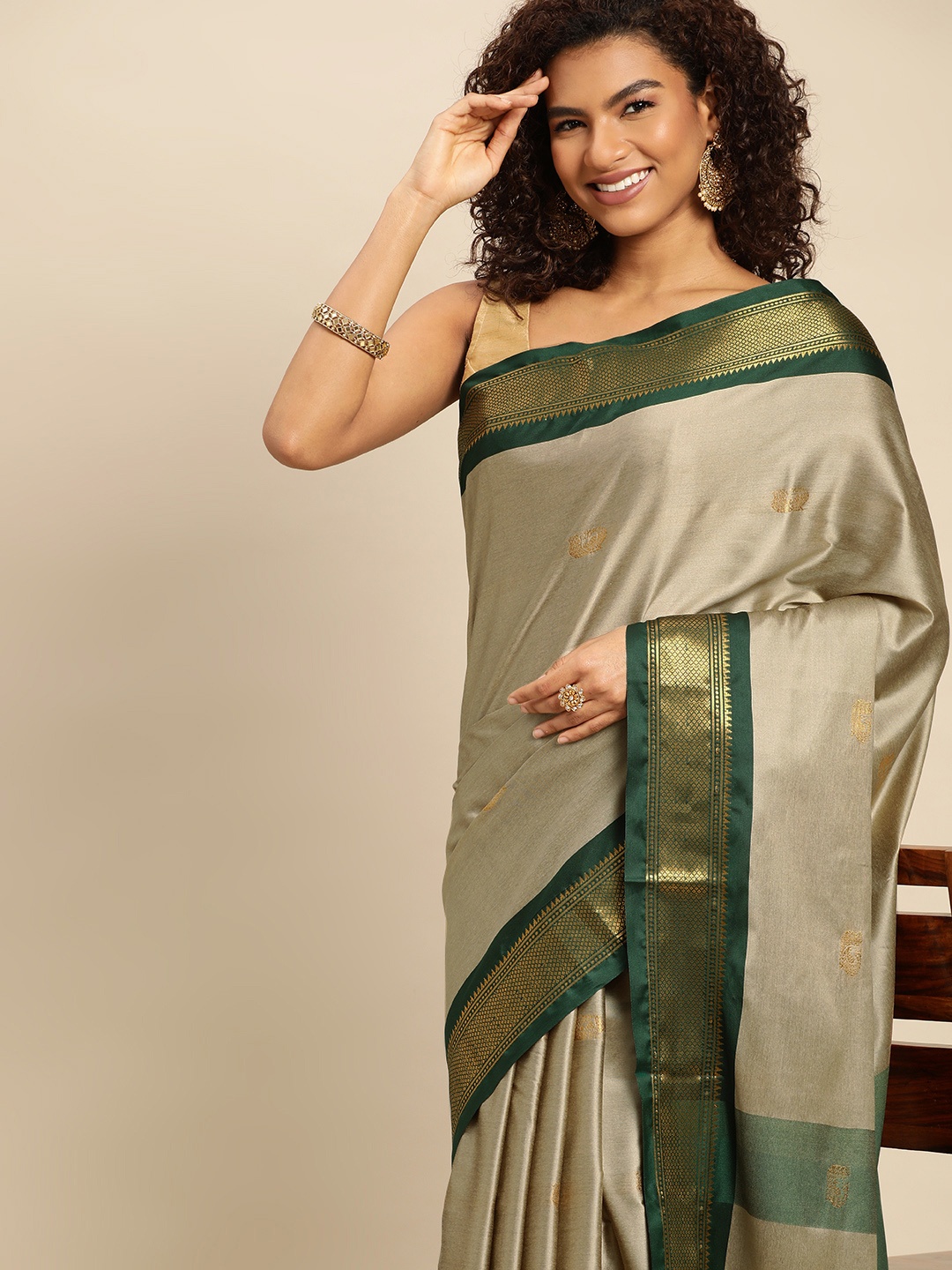 

Mitera Woven Design Zari Silk Cotton Paithani Saree, Beige