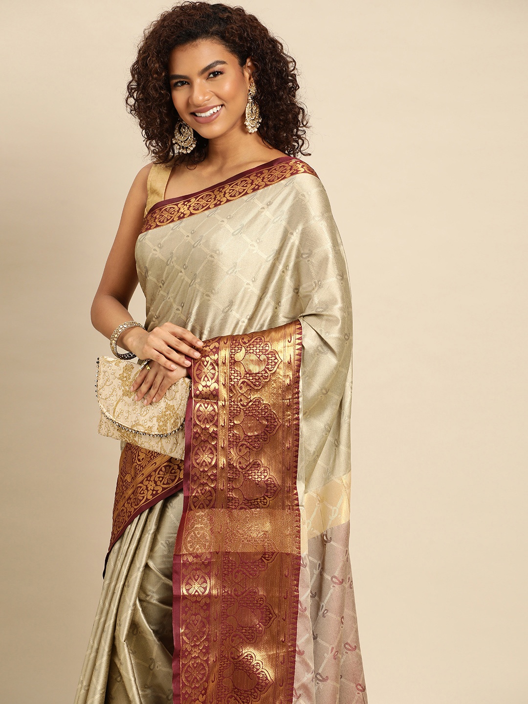 

Mitera Woven Design Zari Silk Cotton Banarasi Saree, Beige
