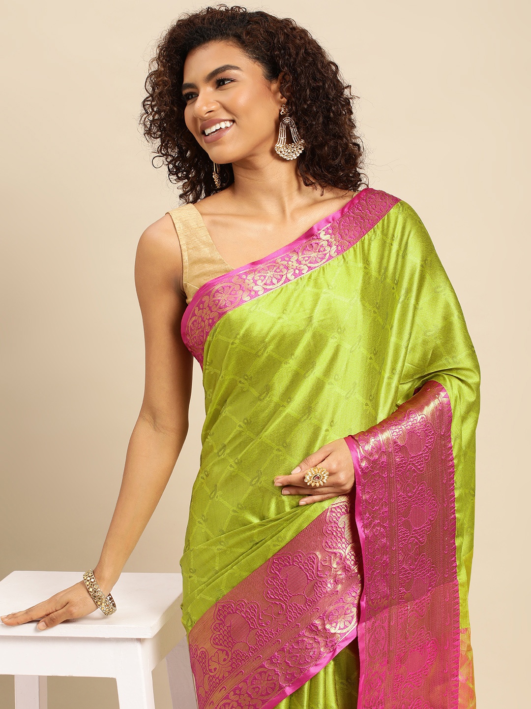 

Mitera Lime Woven Design Zari Silk Cotton Banarasi Saree, Lime green