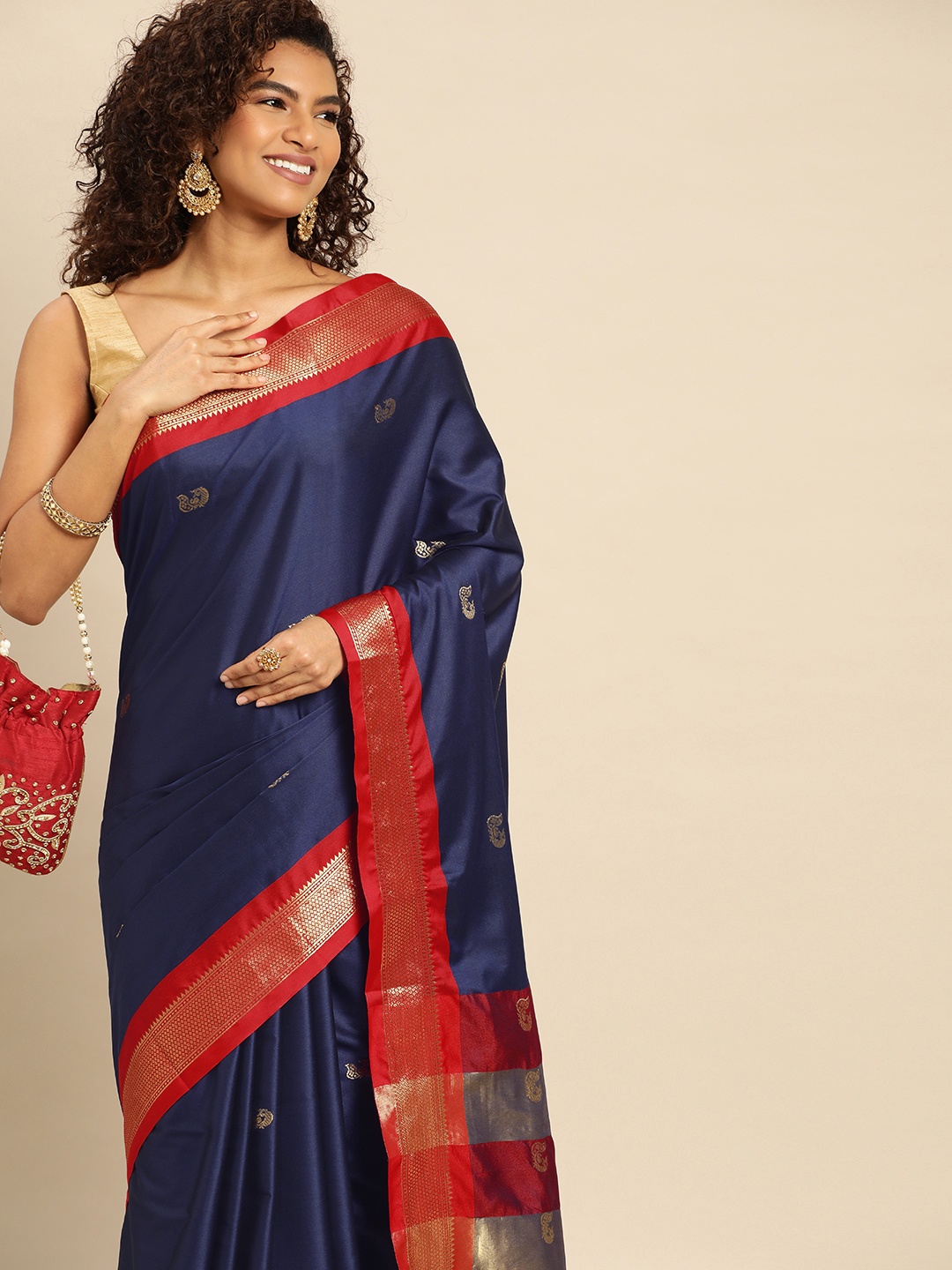 

Mitera Woven Design Zari Silk Cotton Paithani Saree, Navy blue