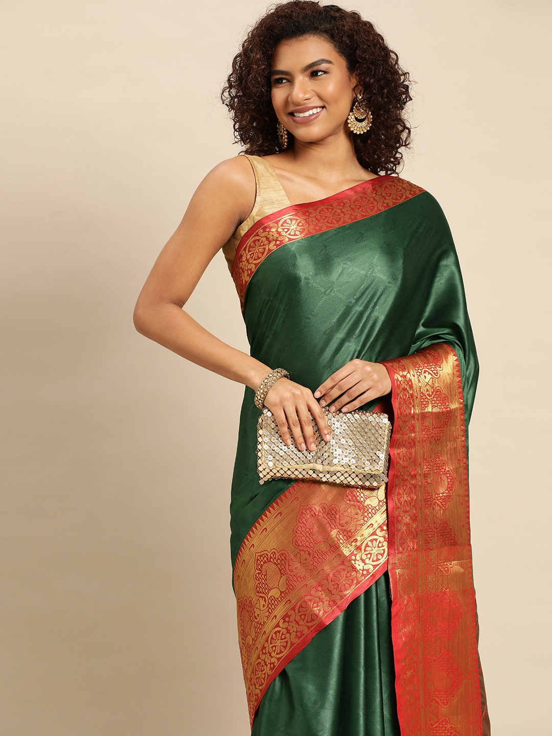 

Mitera Woven Design Zari Silk Cotton Banarasi Saree, Green