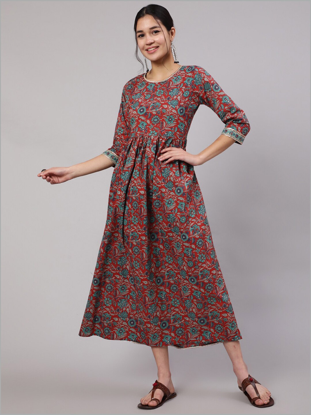 

Nayo Floral Printed Maxi Cotton Fit & Flare Dress, Red