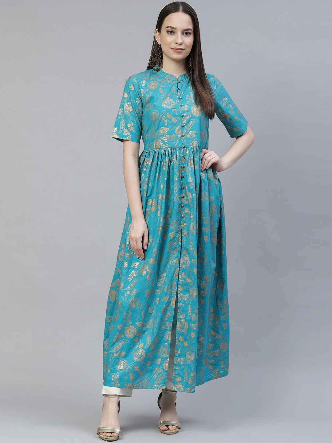 

Meeranshi Women Ethnic Motifs Printed Floral Anarkali Cotton Kurta, Turquoise blue