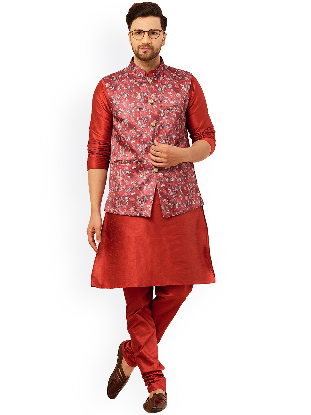

Armaan Ethnic Men Floral Printed Dupion Silk Kurta with Churidar, Red