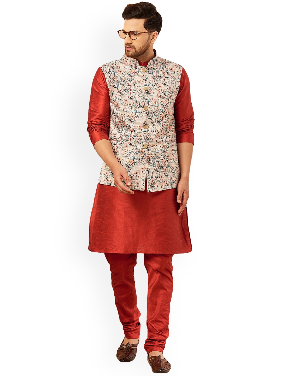 

Armaan Ethnic Men Floral Printed Dupion Silk Kurta with Churidar, Red