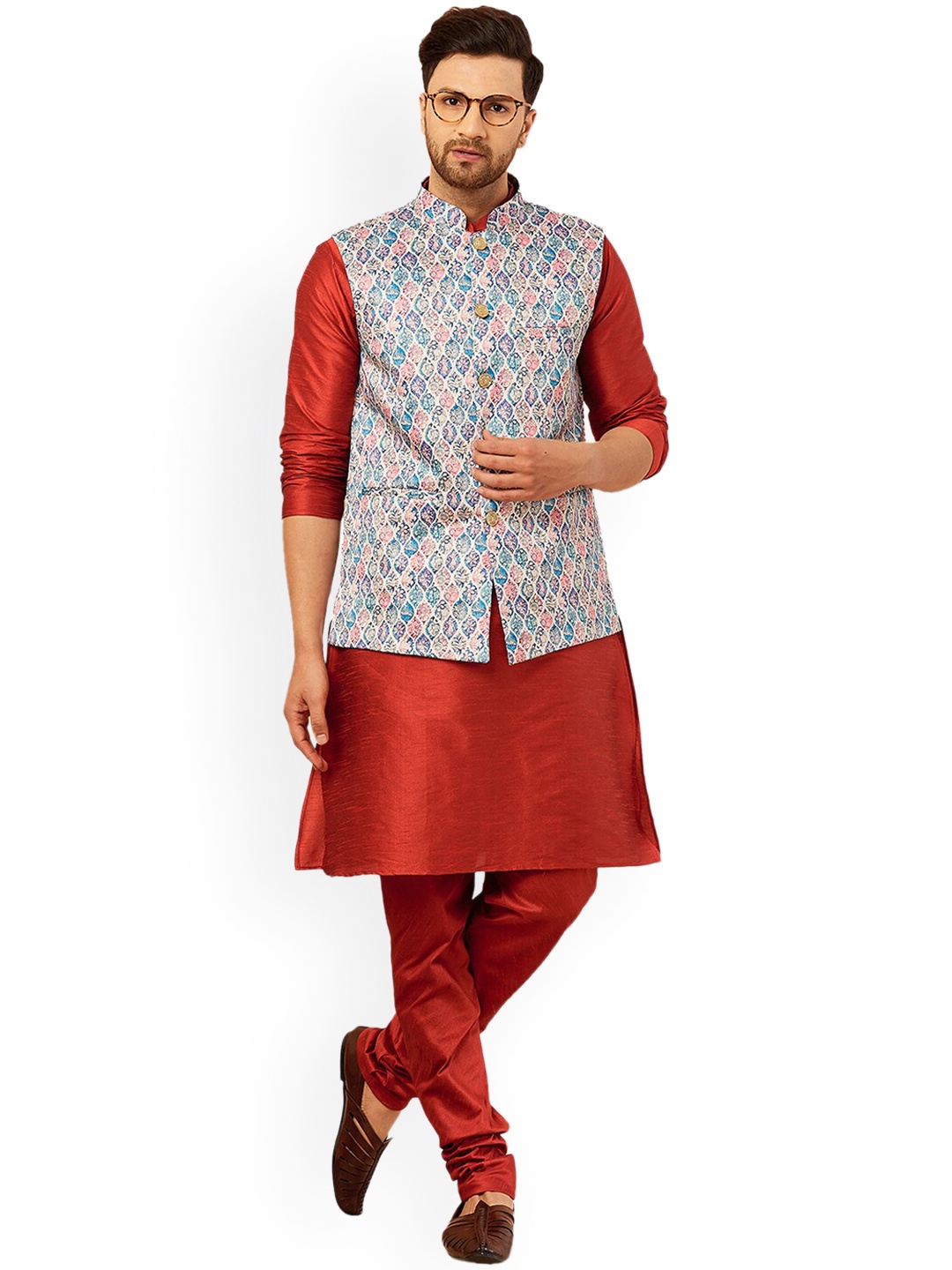 

Armaan Ethnic Men Floral Printed Dupion Silk Kurta with Churidar, Red