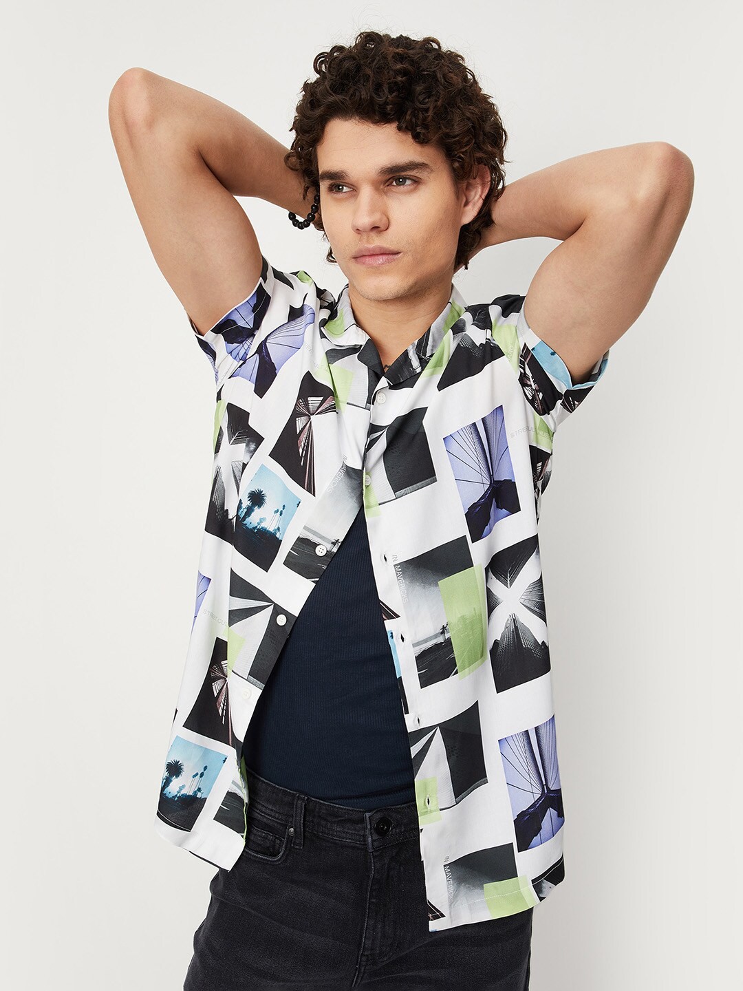 

max Men Grey Printed Casual Shirt