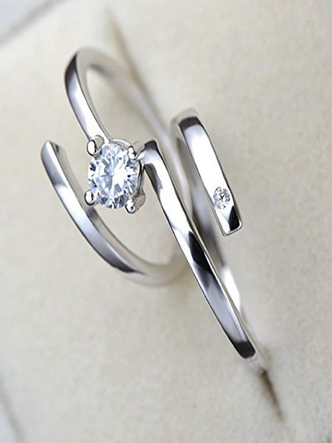

Mahi Set Of 2 Rhodium-Plated CZ-Studded Couple Adjustable Finger Ring, Silver
