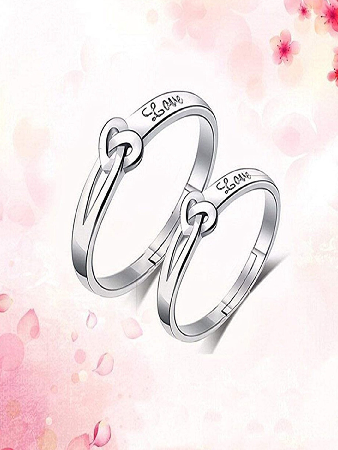 

Mahi Set Of 2 Rhodium-Plated CZ-Studded Couple Adjustable Finger Ring, Silver