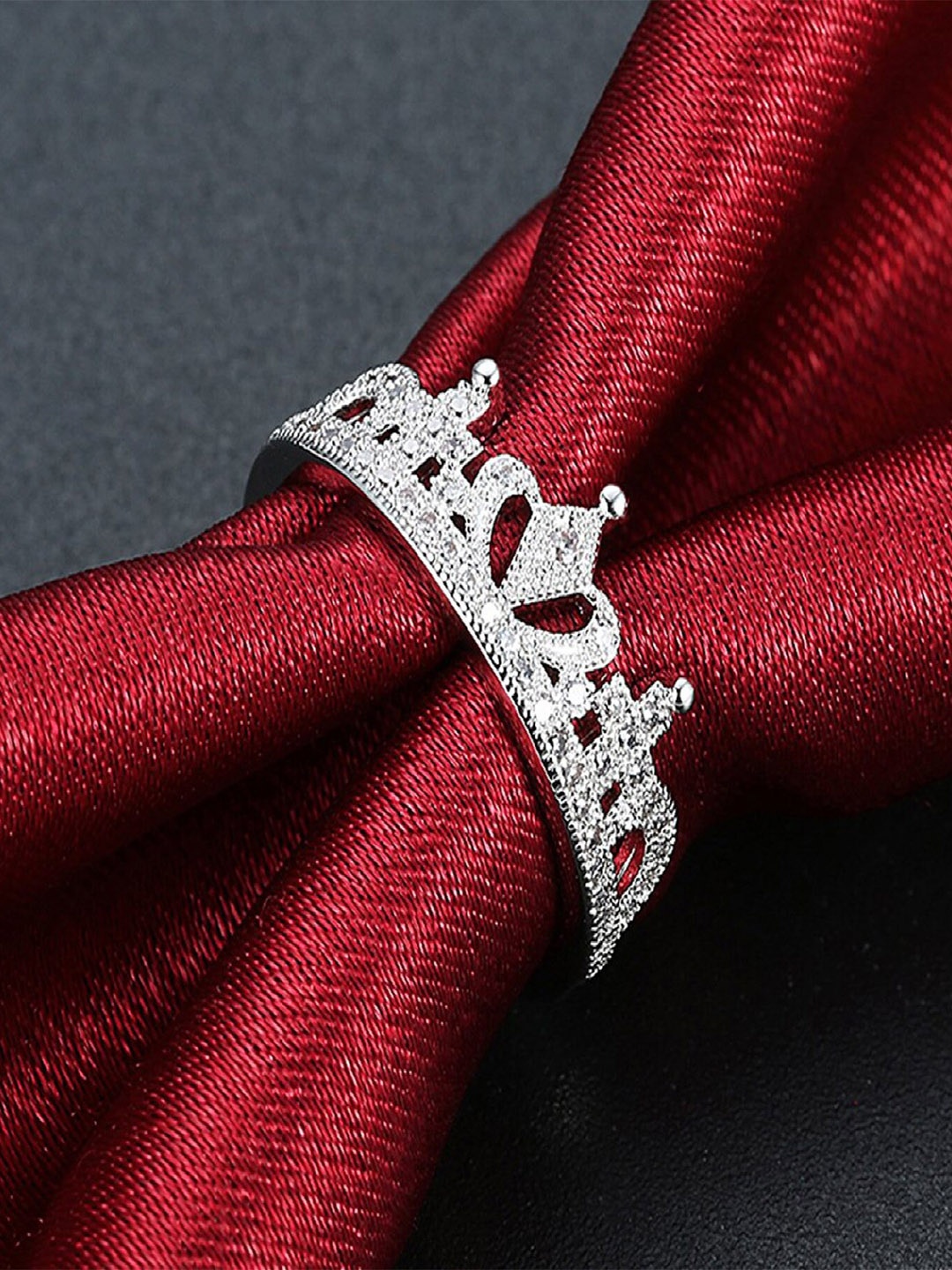 

Mahi Royal Crown Designer Rhodium-Plated CZ-Studded Adjustable Finger Ring, Silver