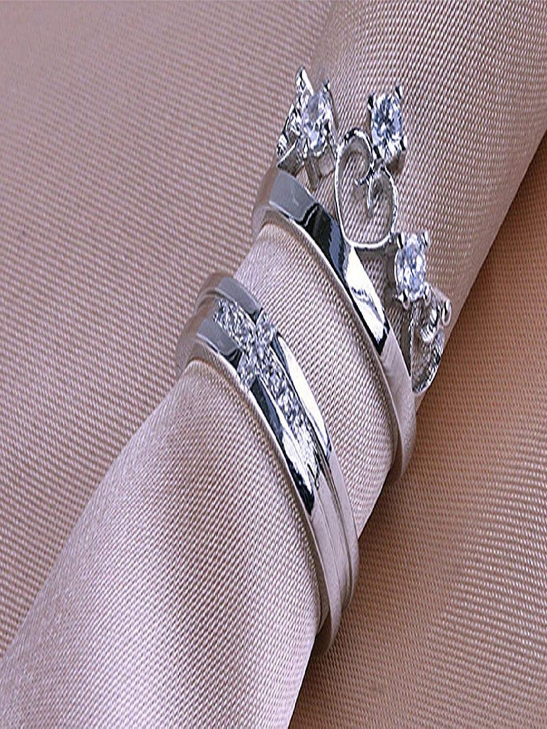 

Mahi Set Of 2 Rhodium-Plated Cubic Zirconia Studded Couple Finger Rings, Silver