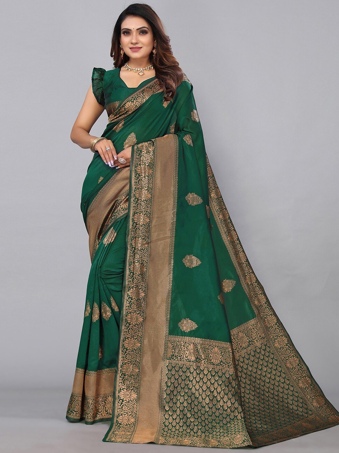 

KALINI Ethnic Motifs Zari Banarasi Saree, Green