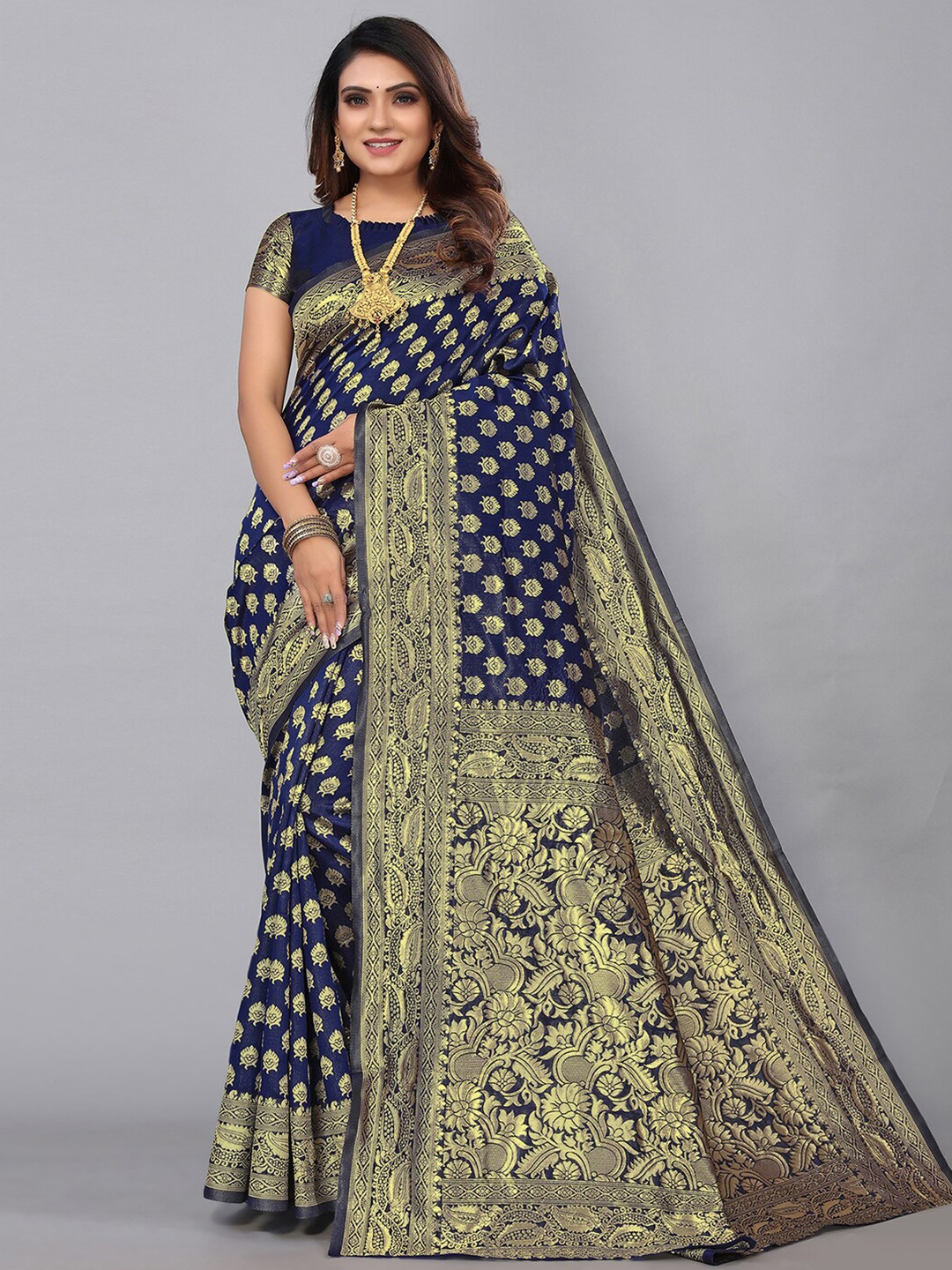

KALINI Woven Design Zari Banarasi Saree, Navy blue