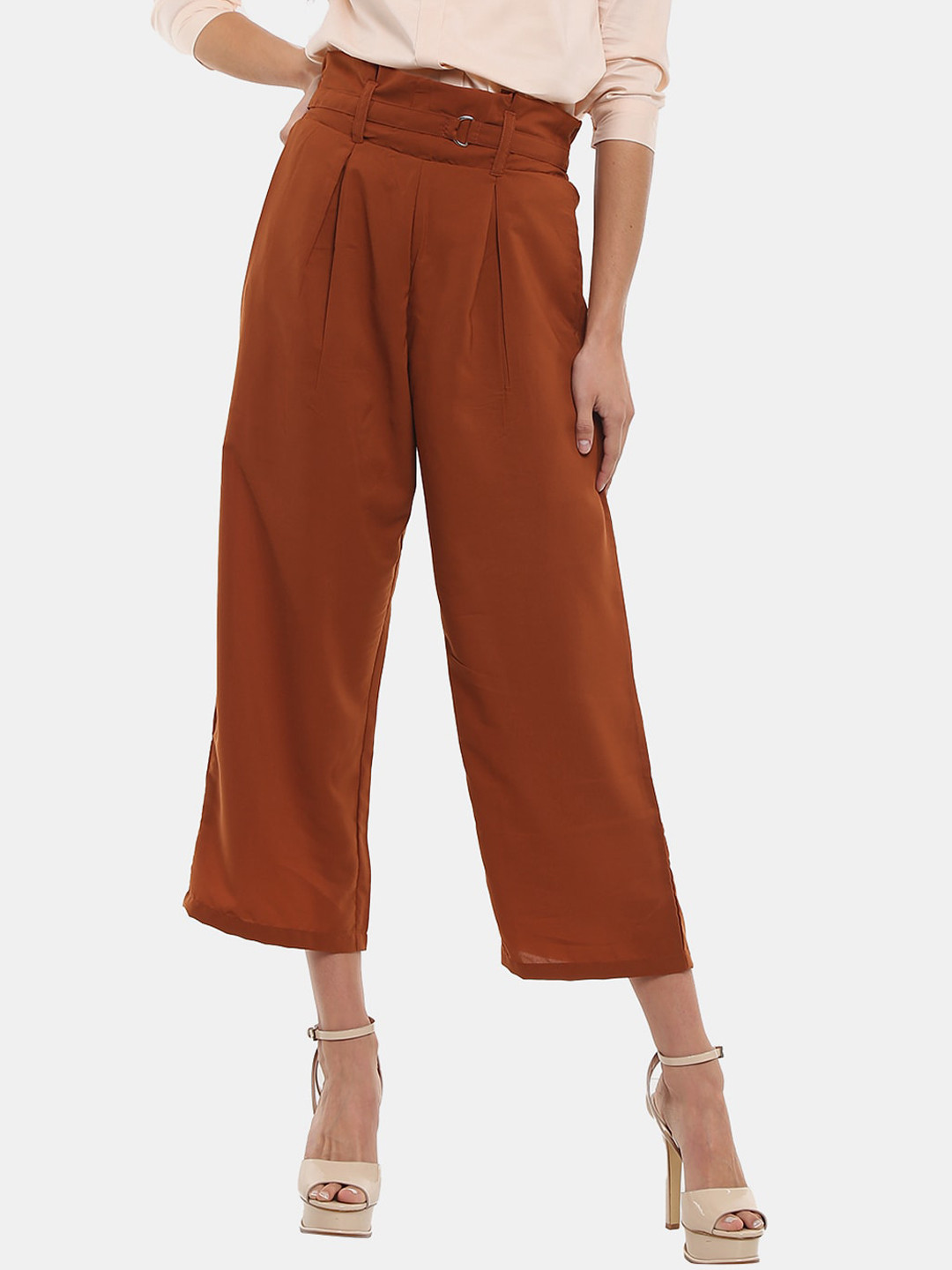 

V-Mart Women Cotton Classic Pleated Culottes Trousers, Brown