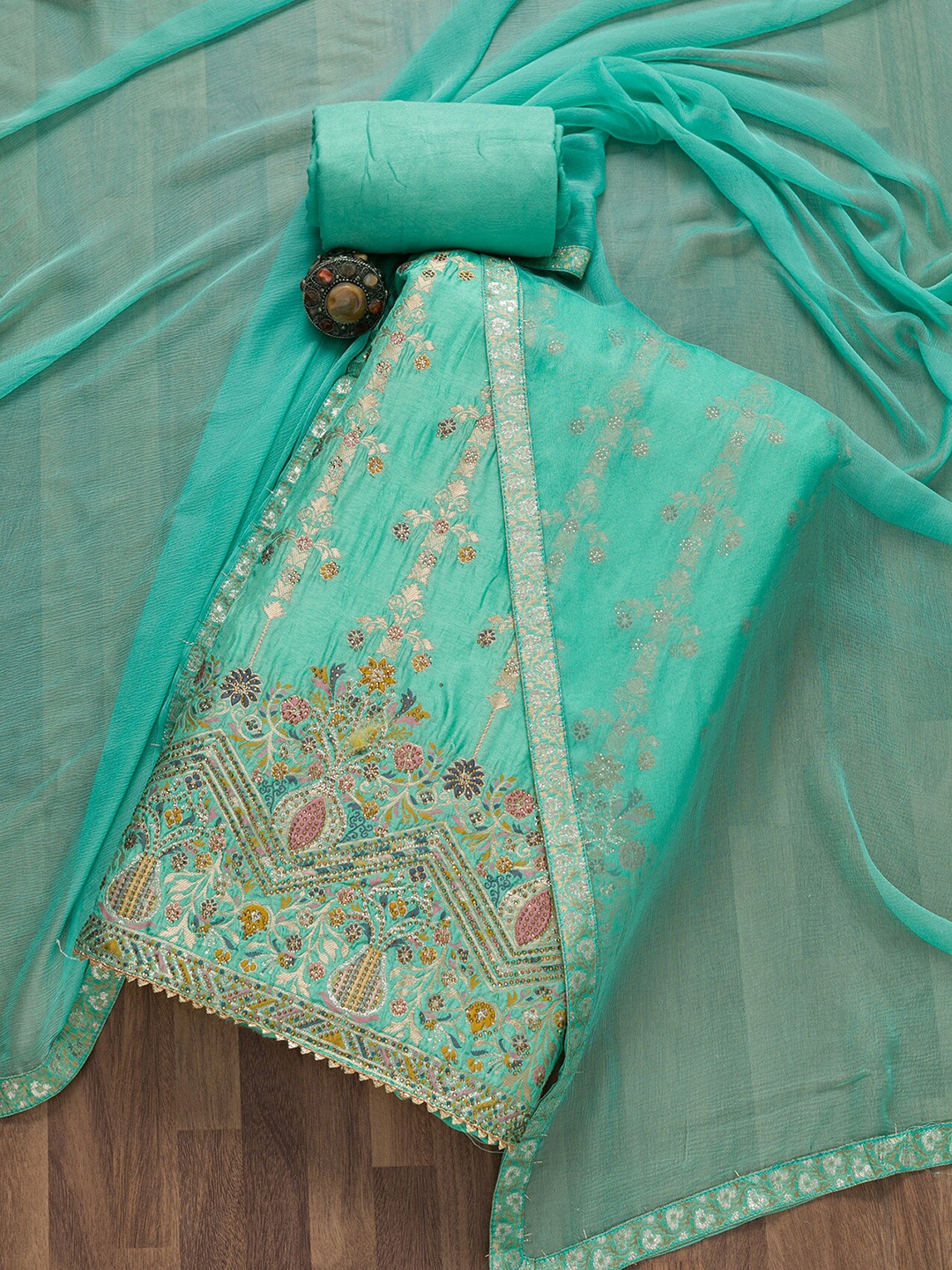 

Koskii Floral Woven Design Unstitched Dress Material, Green