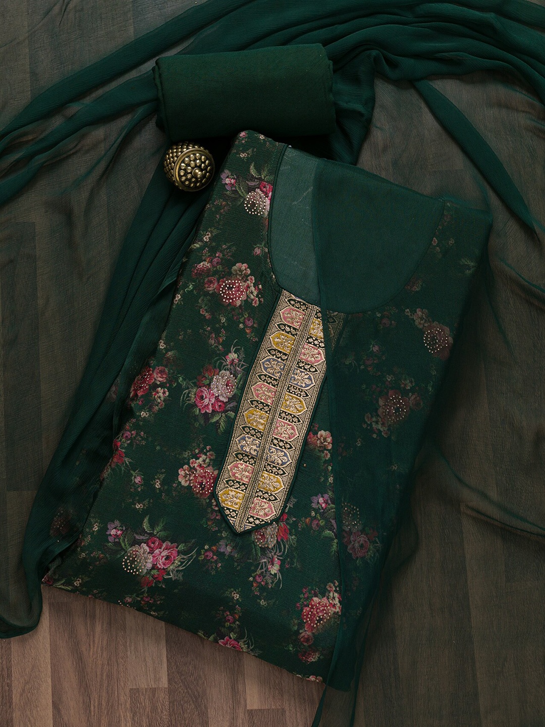 

Koskii Floral Printed Unstitched Dress Material, Green