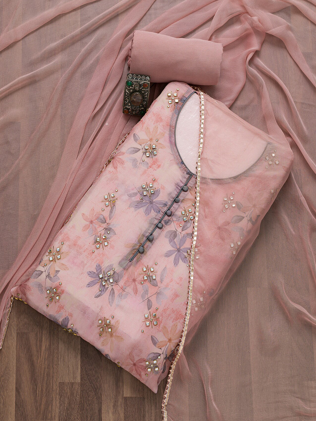 

Koskii Floral Printed Unstitched Dress Material, Pink