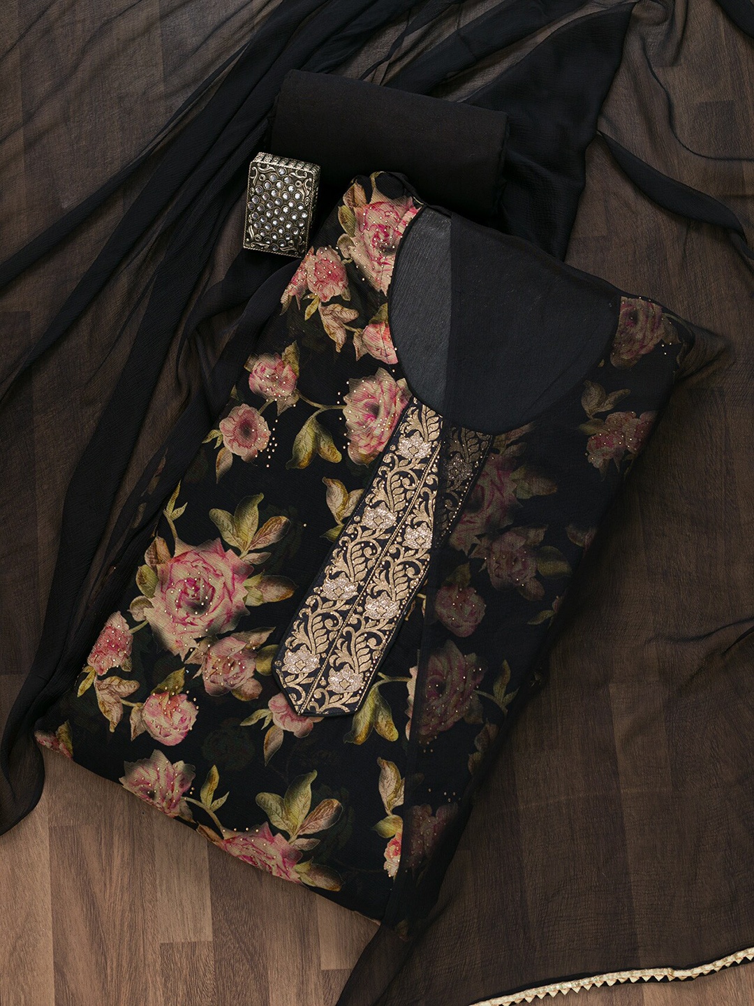 

Koskii Floral Printed Unstitched Dress Material, Black
