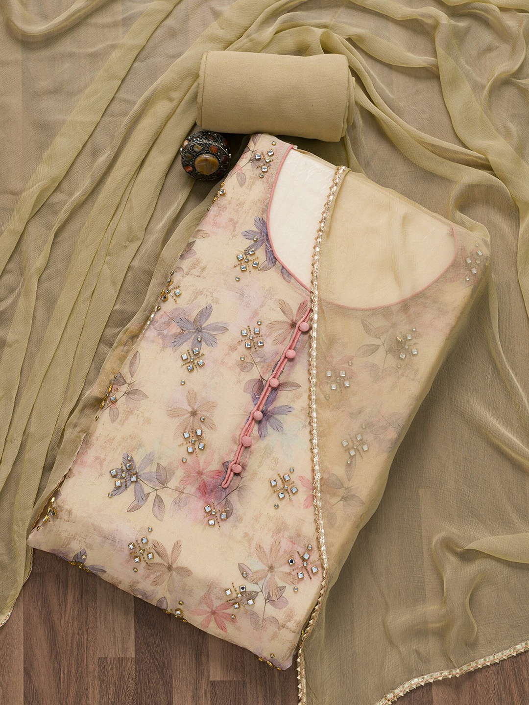 

Koskii Floral Printed Stone Unstitched Dress Material, Gold